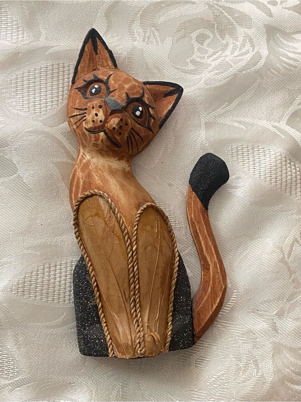 Folk Art Wood Hand Carved Siamese Cat Free Standing Figure Figurine 8”H X 4”W